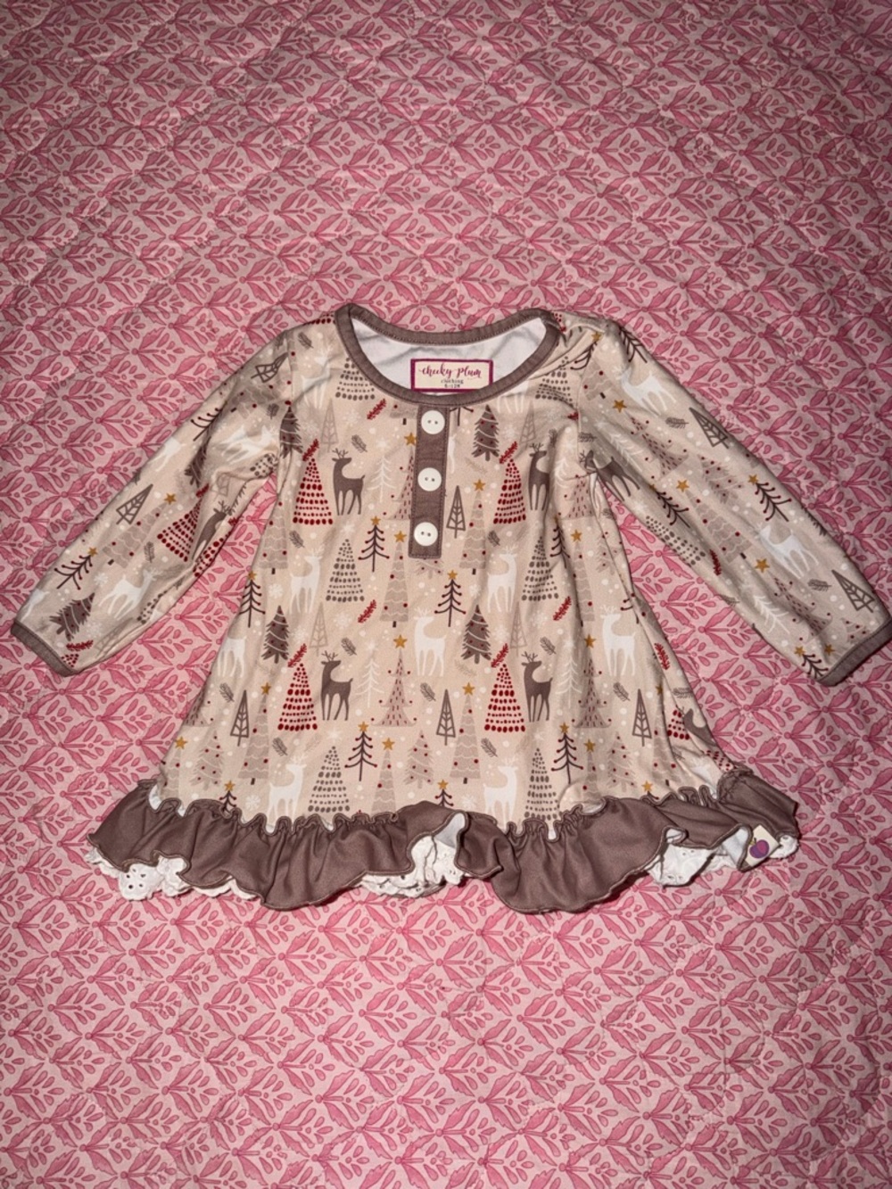 cheeky plum Toddler Cream and Brown Holiday Tree Ruffle Nightgown